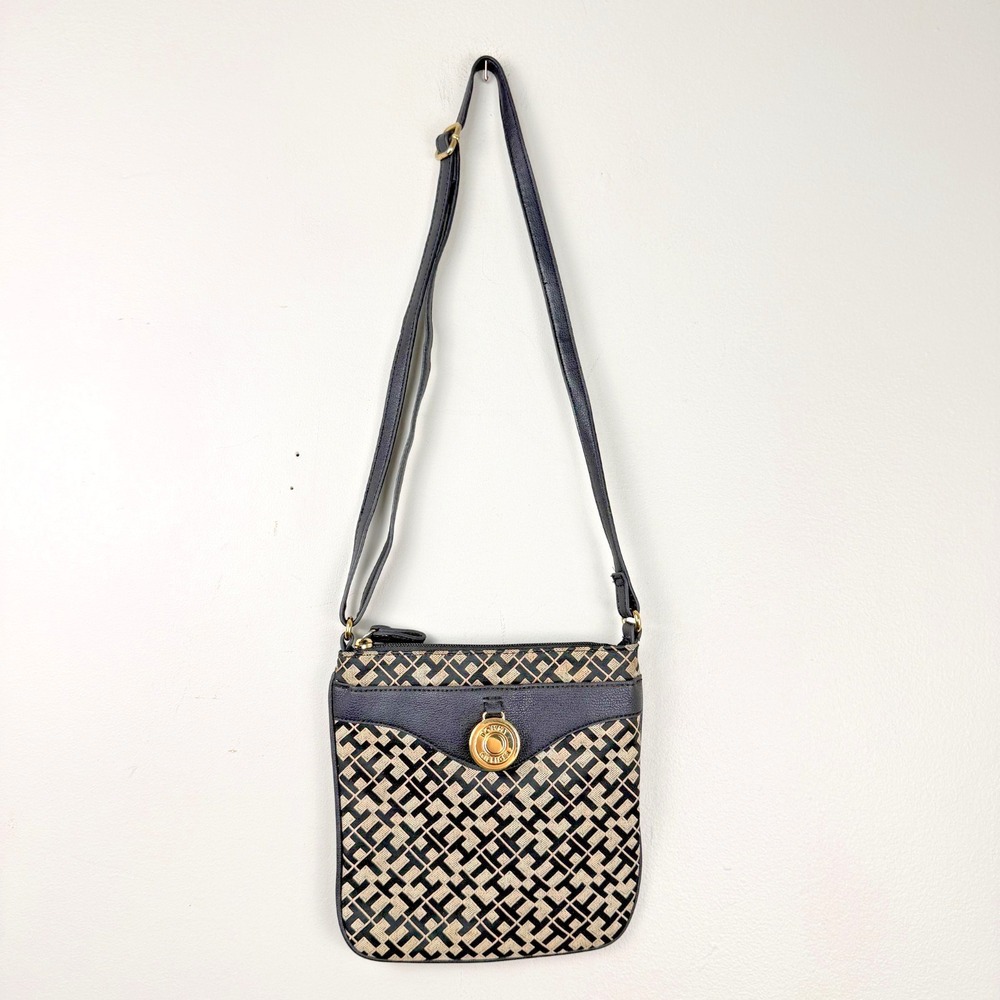 Tommy Hilfiger Crossbody Bag Women's Black Beige Jacquard Monogram Gold Hardware